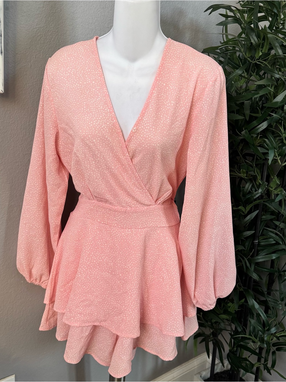 Peach Pink Dotted Wrap Romper with Layered Skirt